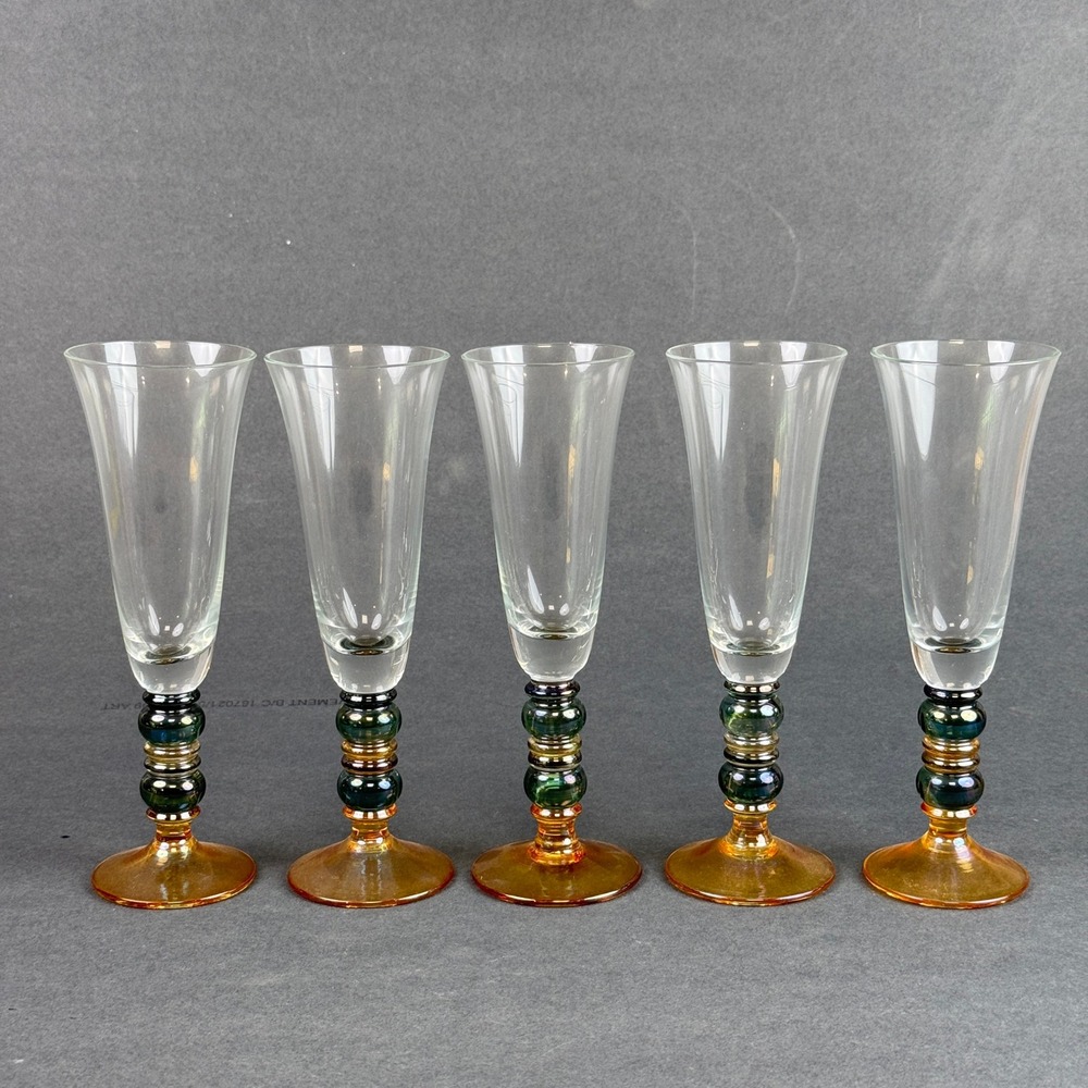 Artisan Champagne Flutes Set of 5 Iridescent Beaded Stem Amber Teal Excellent
